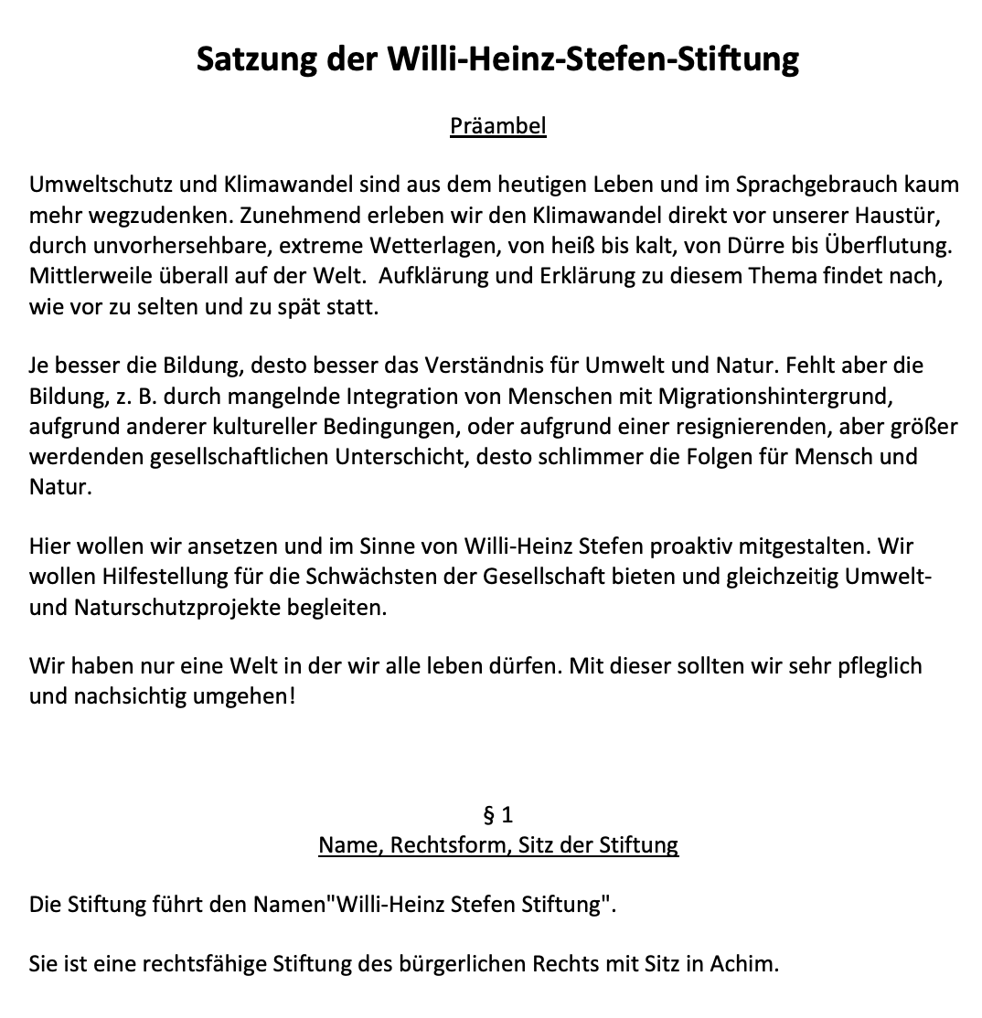 Satzung der Willi-Heinz-Stefen-Stiftung